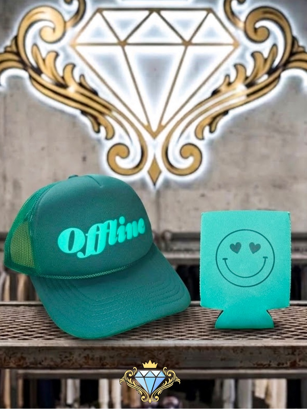 NWT Ulta Beauty "Offline" Green Trucker Hat & Smiley Can Cooler Koozie Set